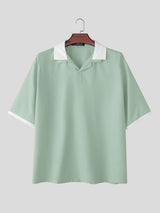 Men's City Boy Contrast Collar Dropped Shoulder V Neck Short Sleeve Shirt SKUL73770