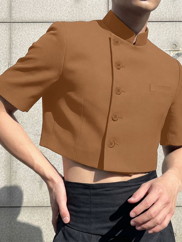 Men's Solid Color Stand Collar Cropped Short Sleeve Blazer SKUL50074