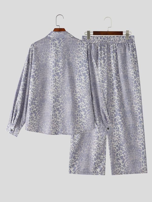 Men's Retro Resort Leopard Print Satin Two Pieces Outfit SKUL80355