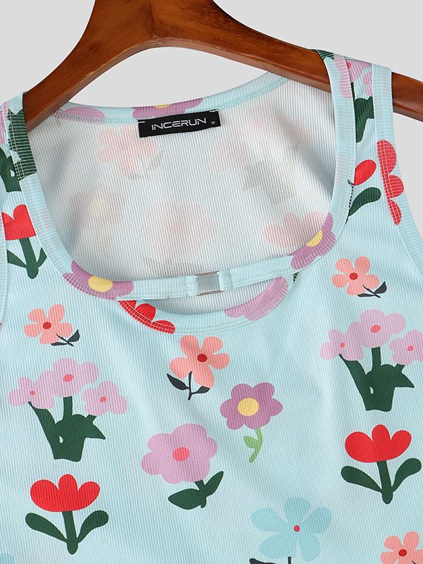 Men's Avant-Garde Dopamine Floral Print Deconstructed Metal Buckle Two Pieces Outfit SKUL69539