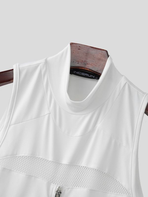 Men's Y2K Cyber-Avant Mesh Cutout Multi-Zipper Mock Neck Fitted Tank SKUL64188