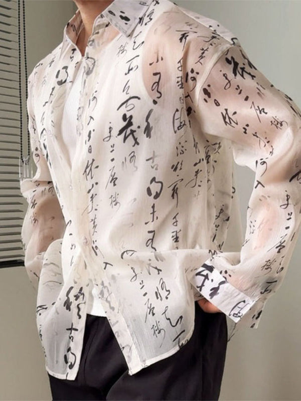 Men's Chinese Character Print Sheer Mesh Long Sleeve Shirt SKUL23478