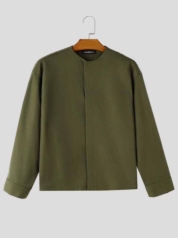 Men's Korean Minimalist Collarless Hidden Placket Boxy Cropped Long Sleeve Shirt SKUL76488
