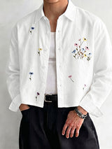 Men's Romantic Avant-Garde Floral Embroidered Boxy Cropped Long Sleeve Shirt SKUL78989