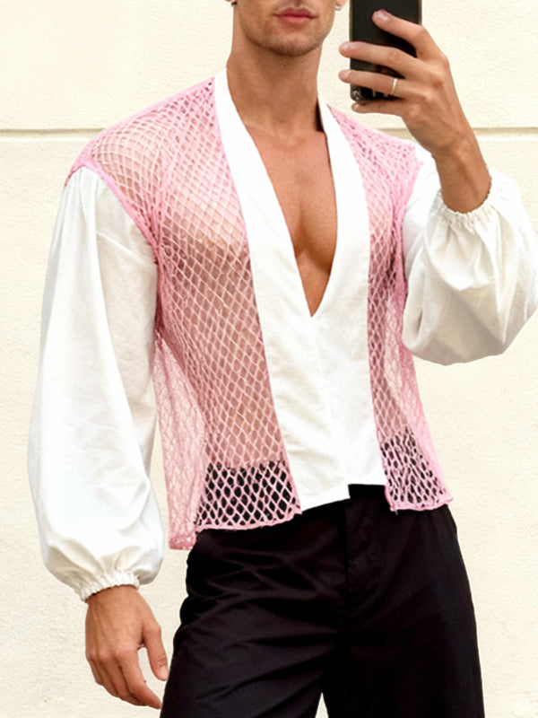 Men's Sheer Mesh Contrast Color Long Sleeve Shirt SKUL46095