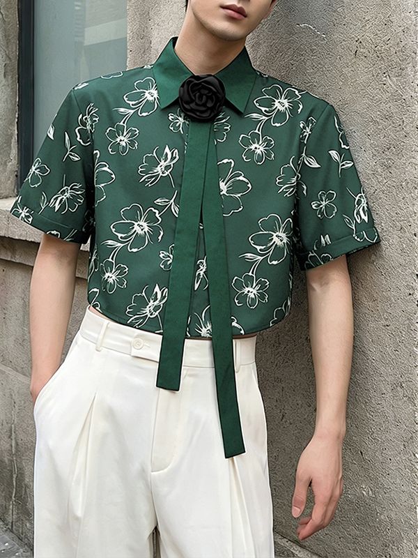 Men's 3D Floral Tie Front Short Sleeve Shirt SKUL55364