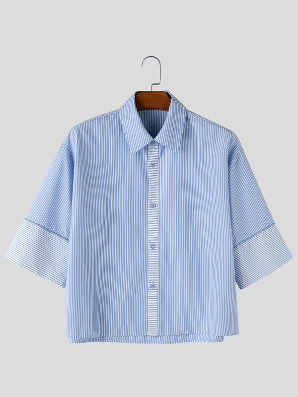 Men's American Vintage Striped Cropped Short Sleeve Shirt SKUL74515