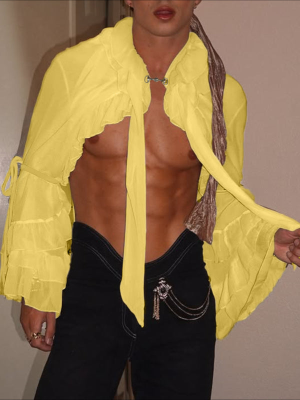 Men's Solid Color Ruffle Patchwork Cropped Cardigan SKUL43709