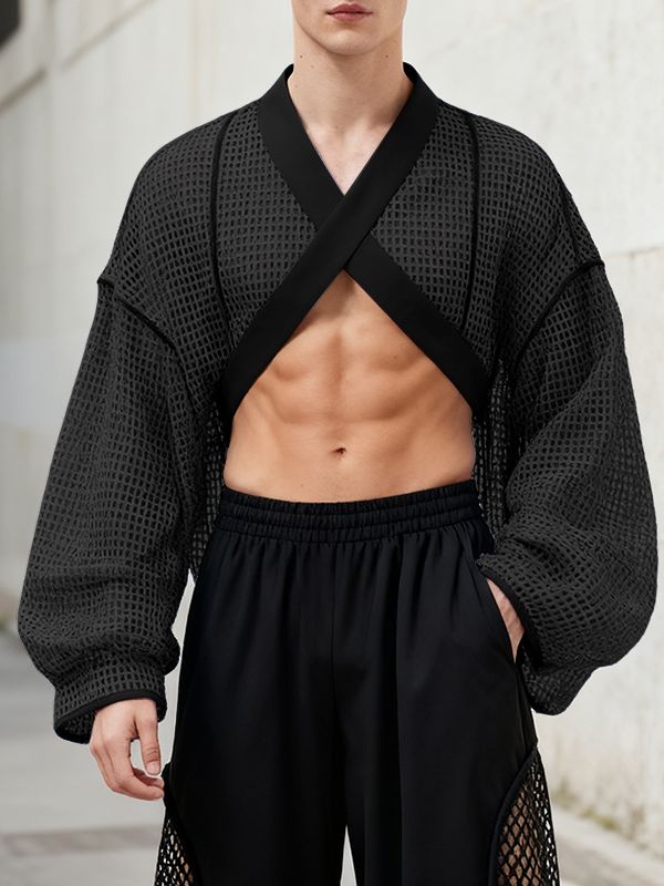 Men's Hollow Mesh Cropped Long Sleeve T-shirt SKUL46551