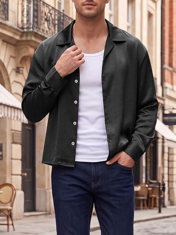 Men's Yuppie Streetwear Silky Satin Boxy Cropped Long Sleeve Button-Up Shirt SKUL79040