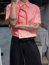 Men's Trendy New Chinese Style Gingham Plaid Contrast Frog Button Cropped Shirt SKUL60807