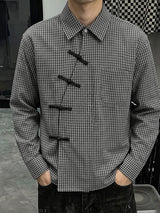 Men's Neo-Chinese Avant-Garde Asymmetrical Frog-Button Micro-Plaid Shirt SKUL77514