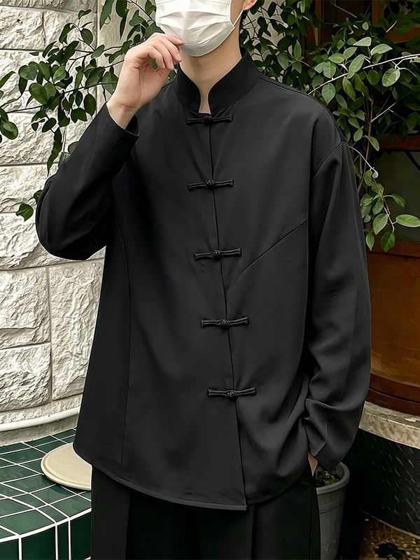 Men's Retro Urban Casual Chinese Frog Button Asymmetrical Curved Long Sleeve Shirt SKUL78347