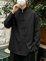 Men's Retro Urban Casual Chinese Frog Button Asymmetrical Curved Long Sleeve Shirt SKUL78347