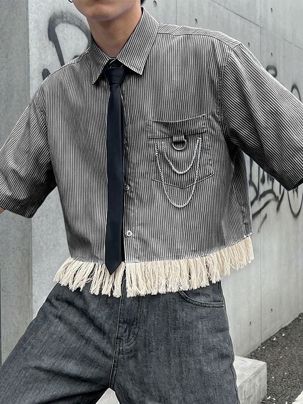 Men's Metal Chain Detail Fringe Patchwork Shirt SKUL54652