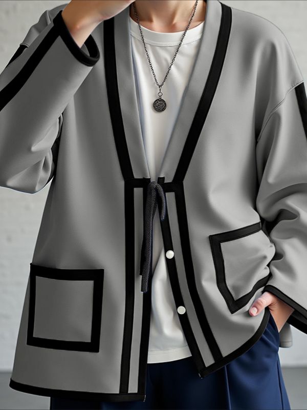 Men's Contrast Stitch Tie Long Sleeve Cardigan SKUL38999