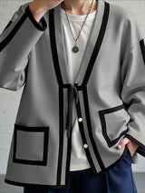 Men's Contrast Stitch Tie Long Sleeve Cardigan SKUL38999