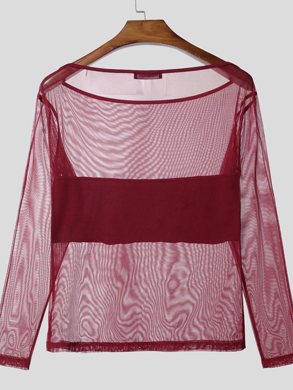 Men's Sheer Mesh Off Shoulder Long Sleeve T-shirt SKUL39977