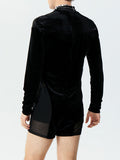 Mens Velvet Mesh Patchwork Long Sleeve Bodysuit SKUK39466