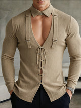 Men's Cut-Out Drawstring Eyelet Long Sleeve Shirt SKUL38657