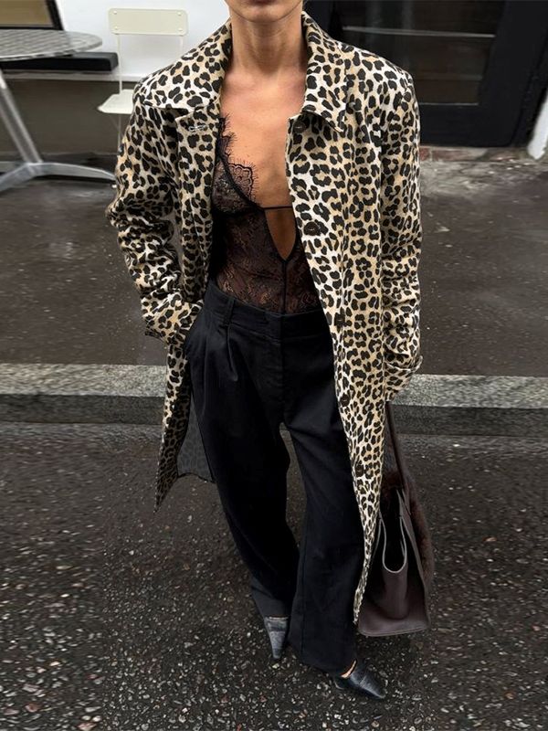 Men's Leopard Print Long Hem Trench Coat SKUL46189