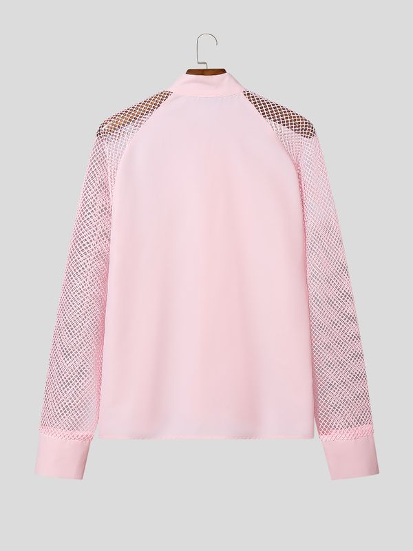 Men's Sheer Mesh Patchwork Frog Button Long Sleeve Shirt SKUL54548