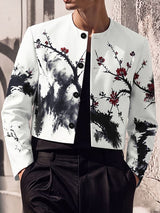 Men's Avant-Garde Gallery Plum Blossom Ink Print Collarless Structured Shoulder Long Sleeve Cropped Blazer SKUL79642