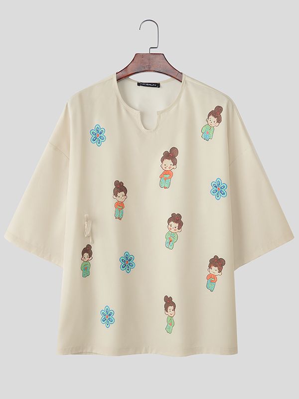 Men's Cartoon Print V Neck Half Sleeve T-Shirt SKUL38587