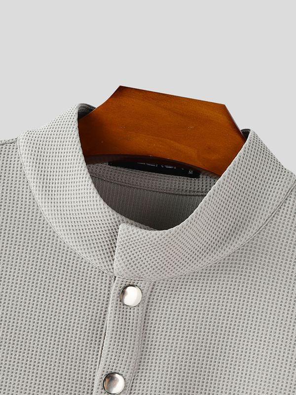 Men's Solid Color Waffle Short Sleeve Shirt SKUL36439