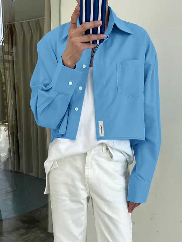 Men's Solid Color Cropped Long Sleeve Shirt SKUL43966