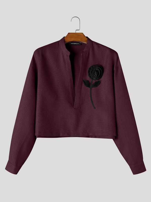Men's Zen Minimalist Art Exhibition 3D Rose Flower Deep V-Neck Shirt SKUL85401