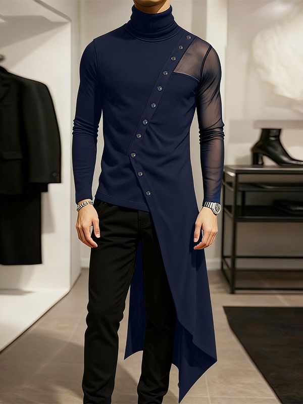 Men's Sheer Mesh Patchwork Long Hem Long Sleeve T-shirt SKUL43783