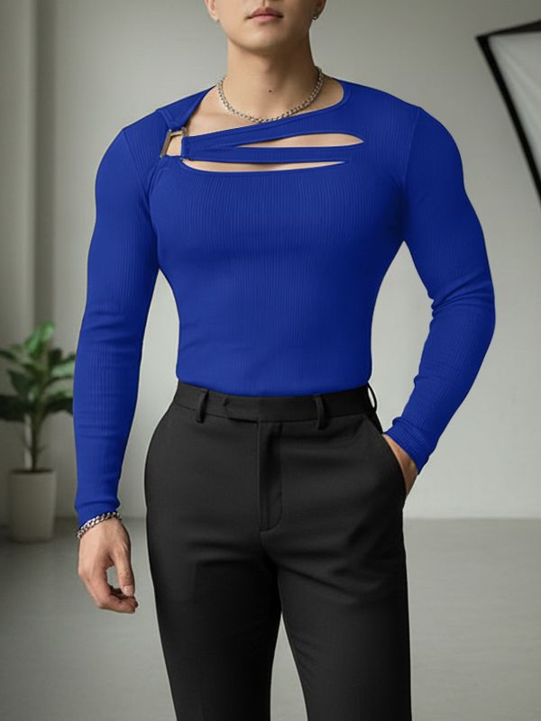 Men's Textured Knit Hollow Out Long Sleeve T-shirt SKUL48601