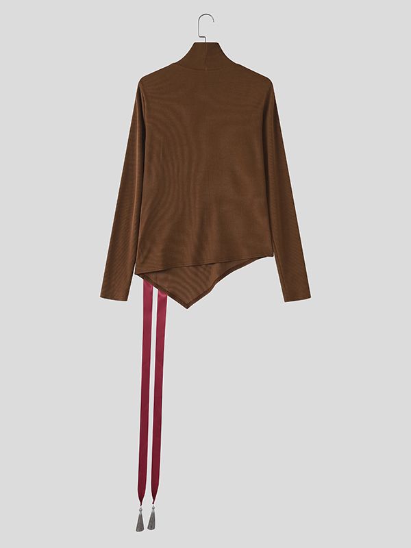 Men's Ribbon Tassel Patchwork Asymmetrical Hem High Neck Knitted T-shirt SKUL43939