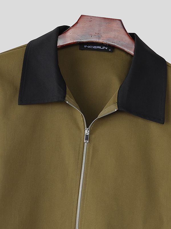 Men's Contrast Color Collar Cropped Zip Long Sleeve Jacket SKUL35207