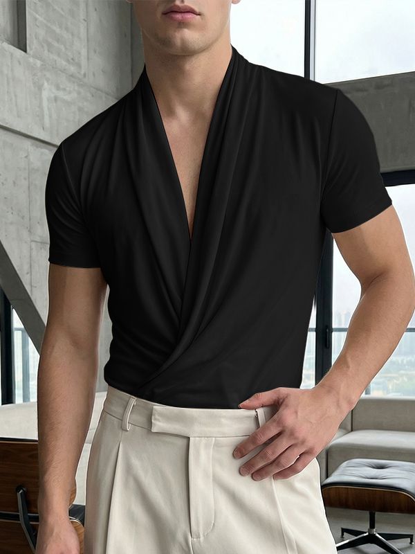 Men's Avant-Garde High Stretch Draped Ruched Cross Wrap Deep V-Neck Short Sleeve T-shirt SKUL61873