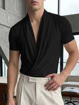 Men's Avant-Garde High Stretch Draped Ruched Cross Wrap Deep V-Neck Short Sleeve T-shirt SKUL61873