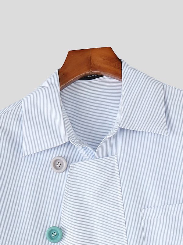 Men's Asymmetrical Striped Patchwork Oversized Colorful Button Shirt SKUL60812