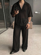 Men's Resort Casual High Street Translucent Vertical Stripe Mesh Two Pieces Outfit SKUL71254