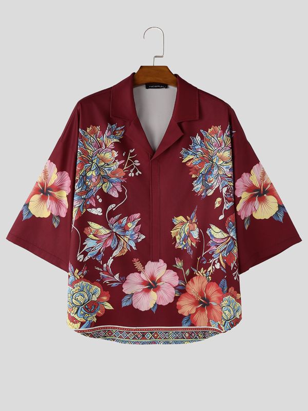Men's Retro Hawaiian Aloha Aesthetic All-Over Floral Botanical Print Short Sleeve Shirt SKUL68401