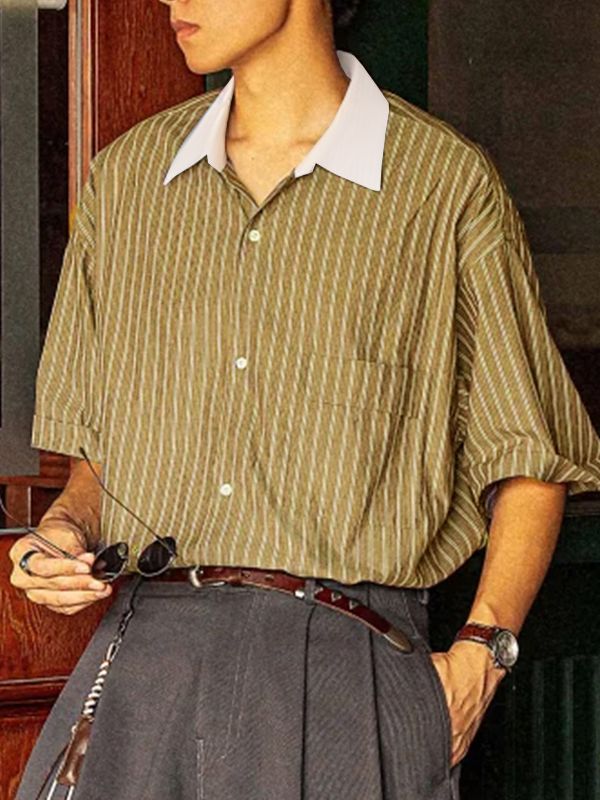 Men's Vintage Americana Contrast Camp Collar Pinstripe Short Sleeve Shirt SKUL58710