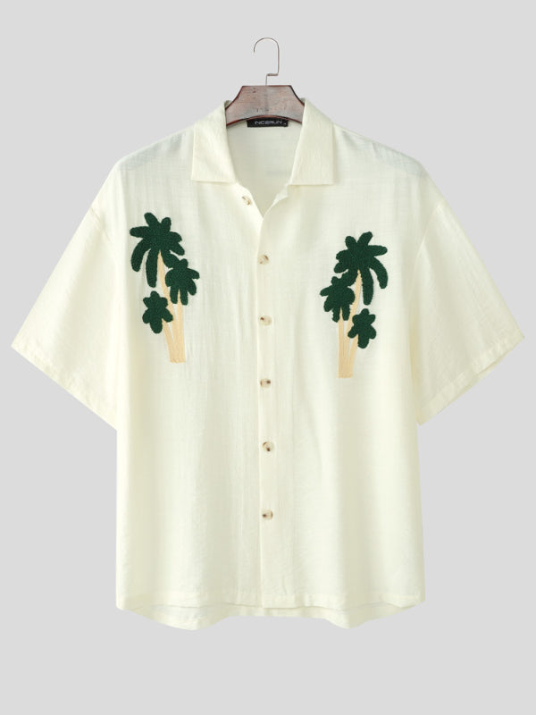 Mens Palm Tree Embroidered Short Sleeve Shirt SKUL14067