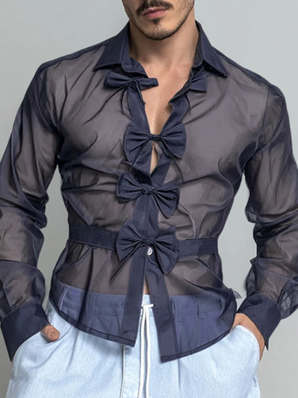 Men's Bow Patchwork Sheer Long Sleeve Shirt SKUL25105