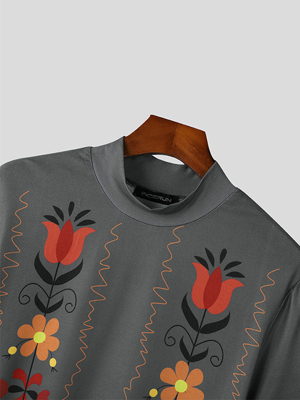 Mens Floral Print High Neck Knit T-Shirt SKUK09553