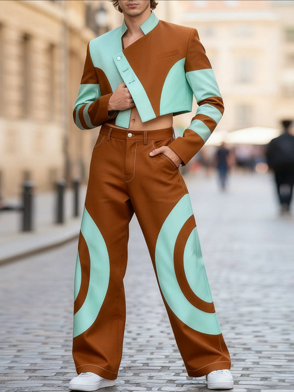 Men's Color Block Stand Collar Asymmetrical Placket Two Pieces Outfit SKUL42642