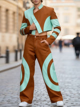 Men's Color Block Stand Collar Asymmetrical Placket Two Pieces Outfit SKUL42642