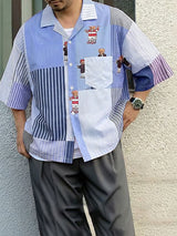 Men's Bear Print Striped Short Sleeve Shirt SKUL47706
