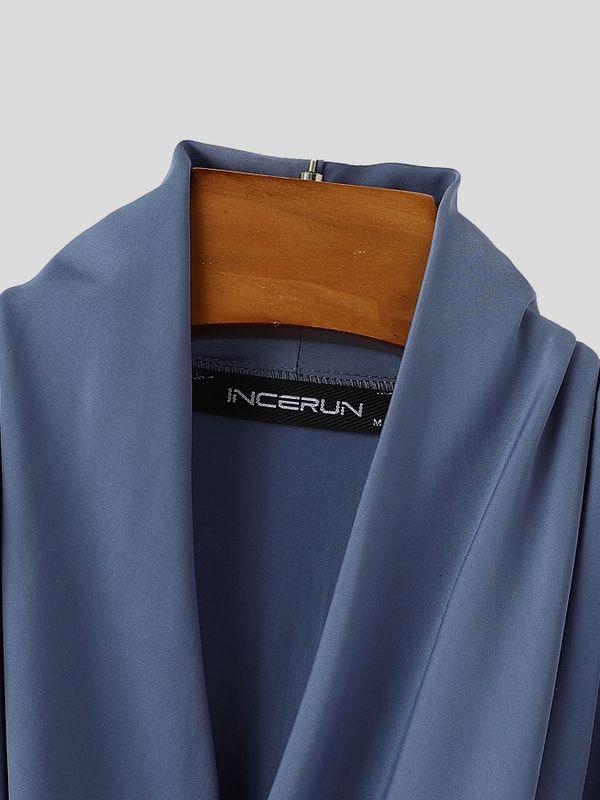 Men's Retro Criss Cross Wrap Front Ruched Drape Long Sleeve Plunging V-Neck T-shirt SKUL82418