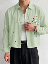 Men's Romantic Avant-Garde Floral Embroidered Boxy Cropped Long Sleeve Shirt SKUL78989