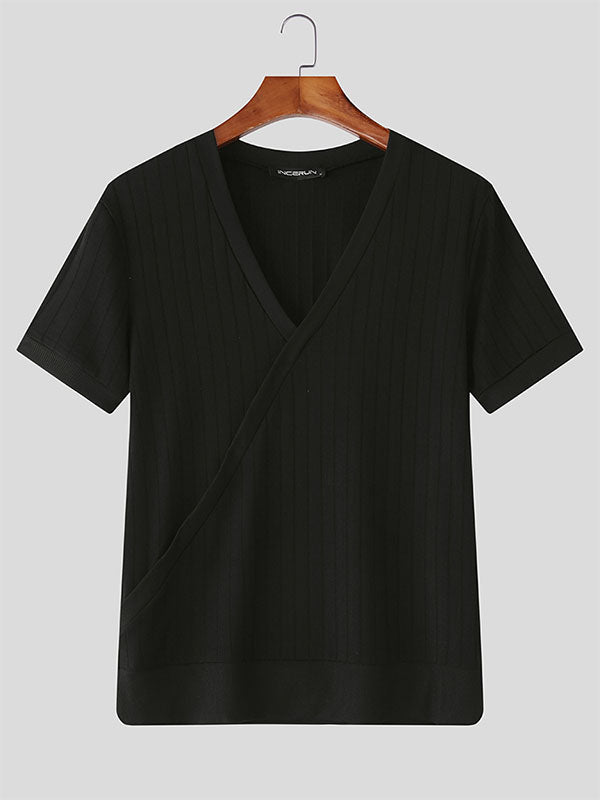 Mens Solid Color Textured V-Neck Short Sleeve T-Shirt SKUL17031